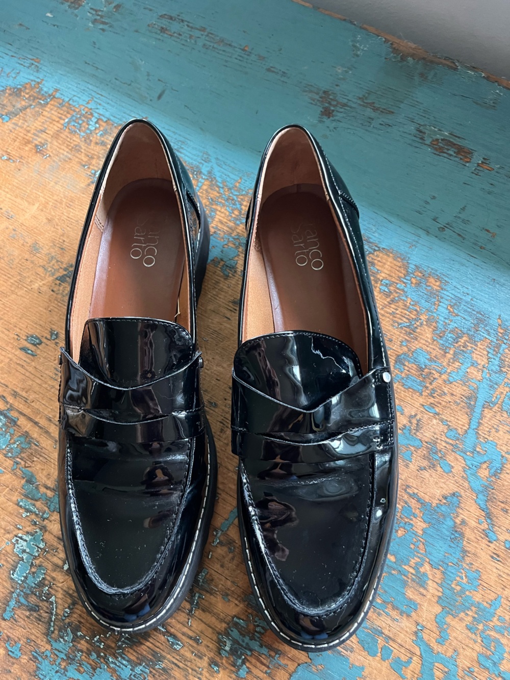 Franco Sarto Black Patent Leather Loafers Lug Sole Women’s Size 11